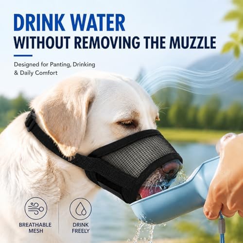 FDEETY premium nylon pet muzzle displaying the drinkable front opening design for safe panting.