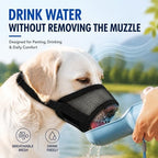 FDEETY premium nylon pet muzzle displaying the drinkable front opening design for safe panting.