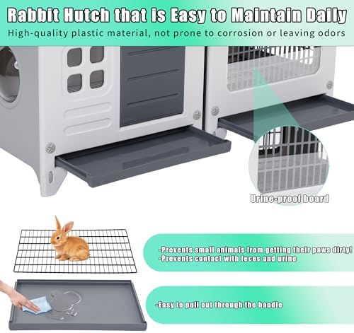 Rabbit Hutch Indoor & Outdoor with Extended Play Area, Plastic Rabbit Hutch with Sloped Roof Drainage, Panoramic Windows, Urine Barrier & Pull-Out Tray, Rabbit Cage with Run Easy to Clean and Assemble - Image 4