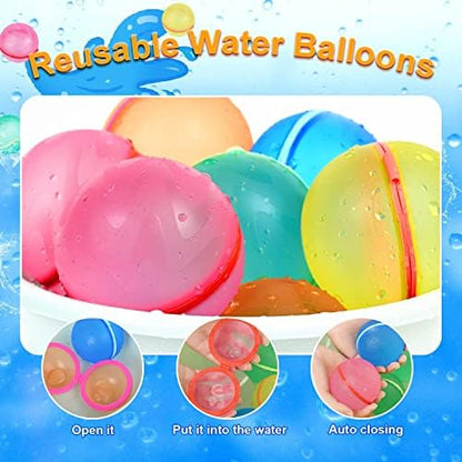Authentic 98K reusable water balloons spilling out of the included black mesh storage drawstring bag