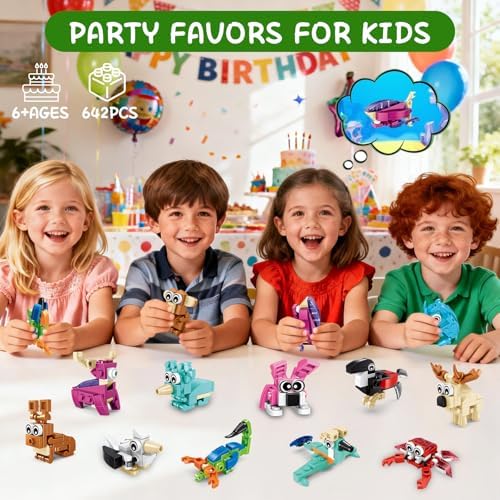 Assorted mini plastic animal figures constructed from the party favors building kit