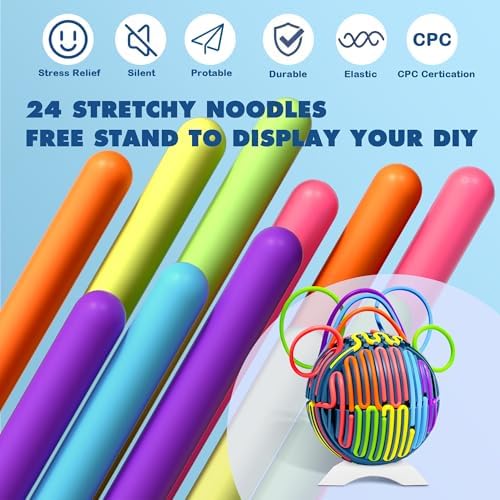 Close up of kid pulling and looping the colorful silicone strings for motor skills training