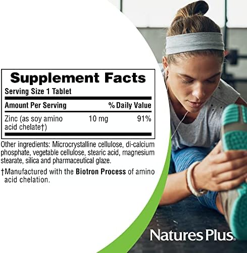 NaturesPlus chelated zinc mineral supplement container displaying cellular repair claims.