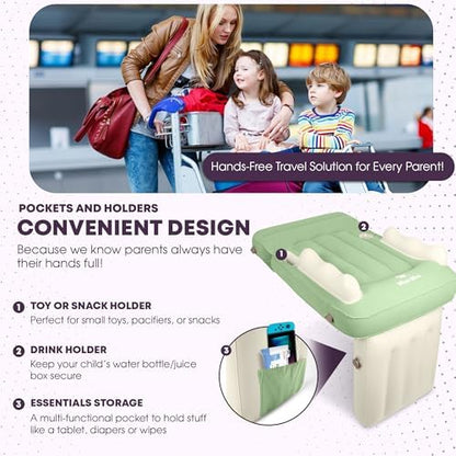 Inflatable airplane seat extender deflated and packed inside its compact carry bag