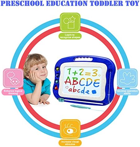 Toddler using magnetic stylus on blue drawing board