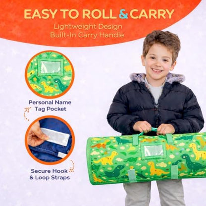 YHROI kids slumber bag unfolded flat on a daycare cot surface.