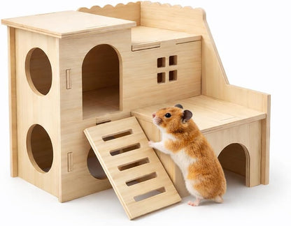 Tiny Hamster Maze Wood House Fun Slide House Double-Decker Hut for Dwarf Gerbil Mouse Mice Rat Small Animals(Only for Small Hamster) - Image 1