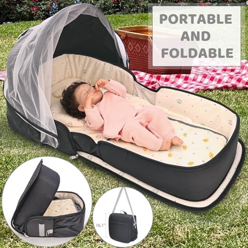 YVMVDV foldable baby bed with the integrated breathable mesh mosquito net fully extended overhead.