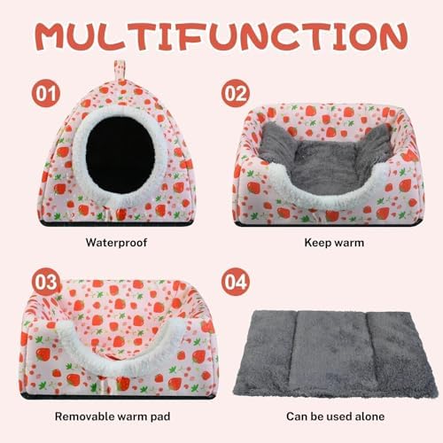 Warm Rabbit Hideout, Washable Bunny Bed & Hideaway House with Strawberry Design, Cozy Fleece Hut for Indoor Rabbits Guinea Pigs and Other Small Animals - Image 5