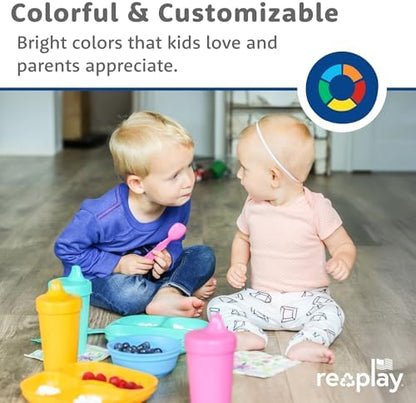 Three Re Play kids plates showing deep-walled three compartment design