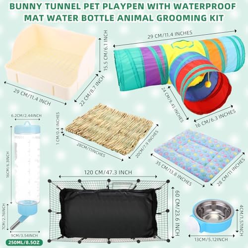 104 Pcs Rabbit Starter Kit Litter Box Bunny Tunnel Pet Playpen with Waterproof Mat Water Bottle Animal Grooming Kit Bowl Blankets with Cleaning Set for Guinea Pig Rabbit Accessories - Image 3