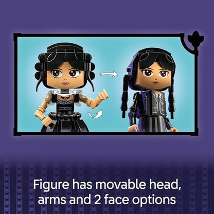 LEGO Wednesday Addams set showcasing the Thing figure and hidden base compartments