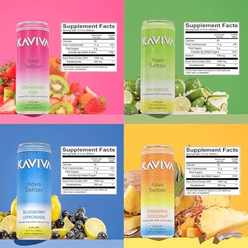 Kaviva botanical relaxation beverage variety pack showing Strawberry Kiwi and Blueberry Lemonade options.