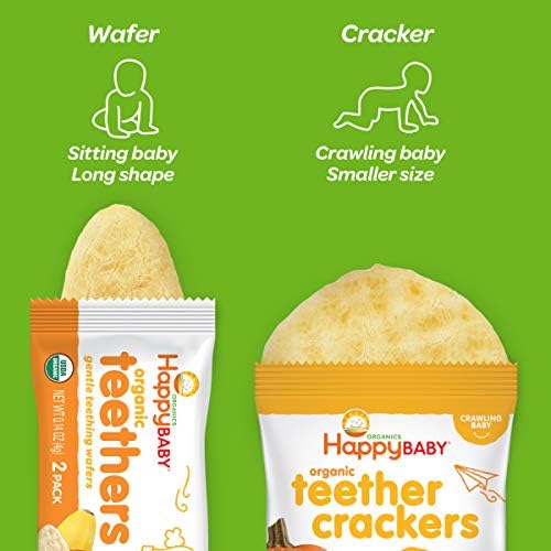 Individual two pack wrappers of Happy Baby Sweet Potato and Banana teething snacks out of the box