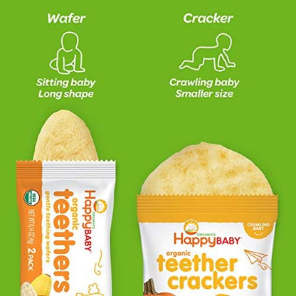 Individual two pack wrappers of Happy Baby Sweet Potato and Banana teething snacks out of the box