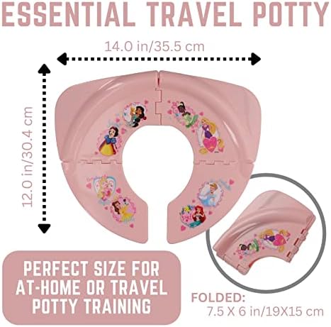 Folded flat view of the pink portable toilet training seat showing its compact travel size