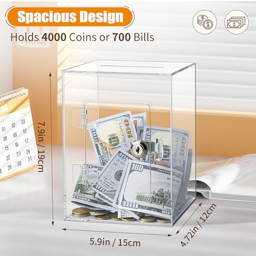 Hicocool transparent acrylic savings container filled with coins and folded currency notes demonstrating its large capacity.
