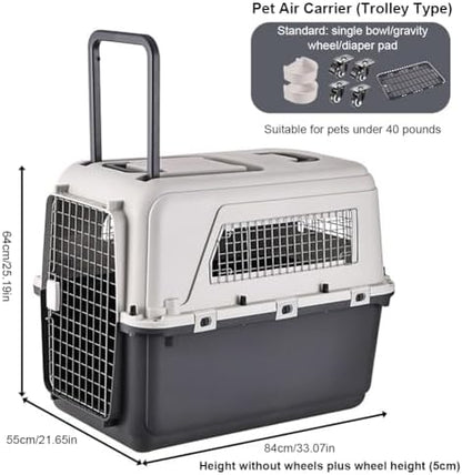 Large pet travel kennel being used outdoors for a large dog and cat