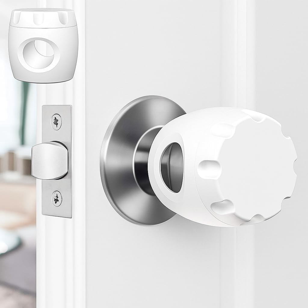 Generic child proof door knob covers front view of white dual lock safety guard installed on room handle