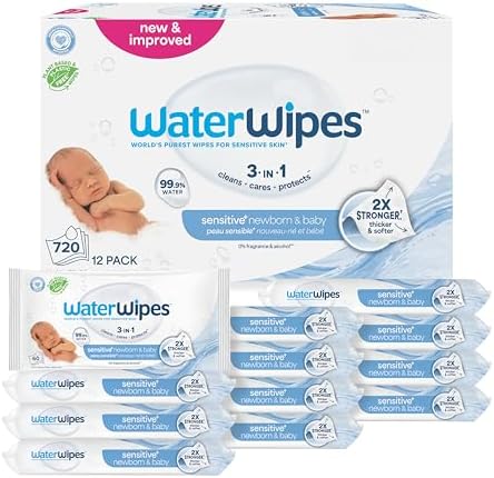 WaterWipes Sensitive+ Newborn & Baby Wipes, 3-In-1 Cleans, Cares, Protects, 99.9% Water, Unscented & Hypoallergenic, 720 Count (12 Packs) - Image 2