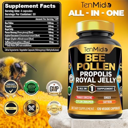 Tenmido 7-in-1 bee pollen capsules showing supplement facts and ingredient profile.