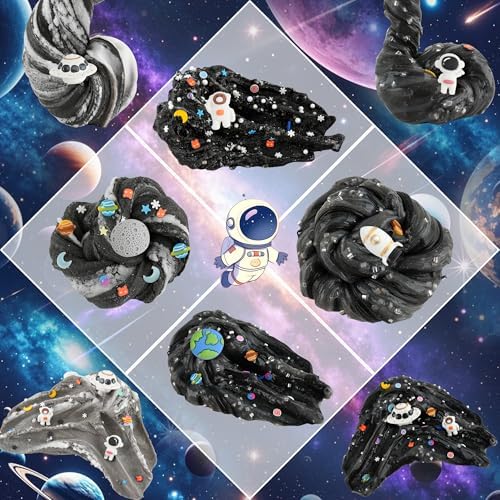 Complete contents of the space party favor kit showcasing six containers and eight custom add ins