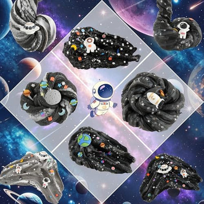 Complete contents of the space party favor kit showcasing six containers and eight custom add ins