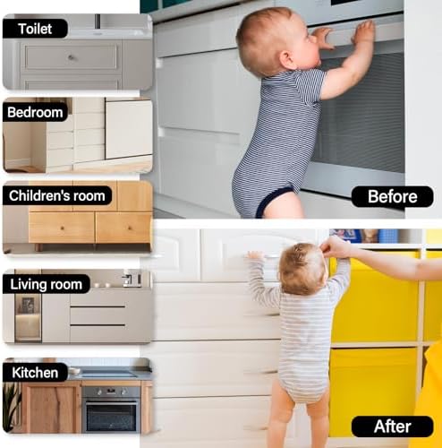 Kimitimi child safety locks applied to kitchen drawers and cabinets
