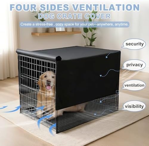 Black polyester dog crate cover by Explore Land on pet cage