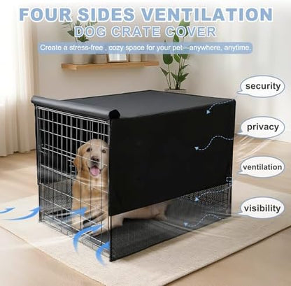Black polyester dog crate cover by Explore Land on pet cage