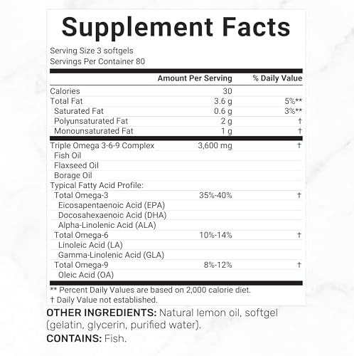 Close up of Deal Supplement triple omega 3-6-9 lemon flavored softgels
