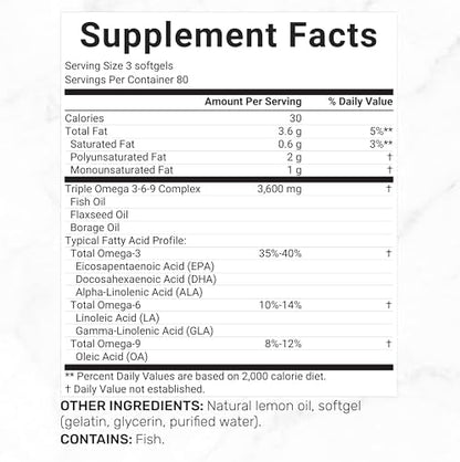 Close up of Deal Supplement triple omega 3-6-9 lemon flavored softgels