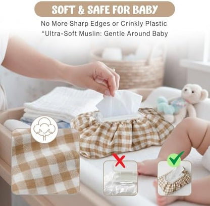 Beige gingham baby wipes holder for nursery organization