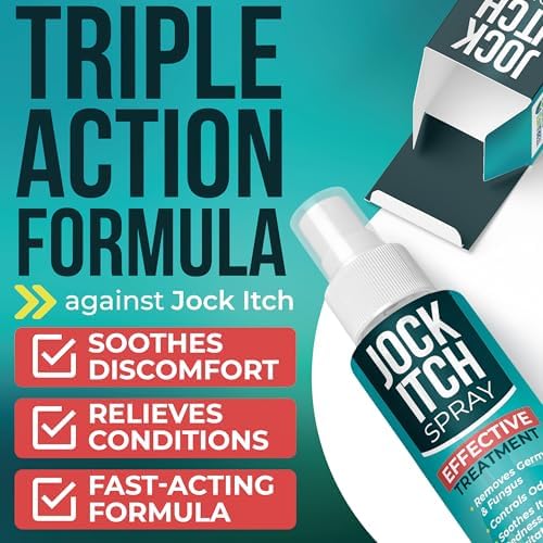 Antifungal spray bottle targeting inner thigh itching and skin chafing redness.