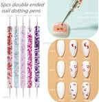 Five double-ended nail dotting pens with crystal glitter handles