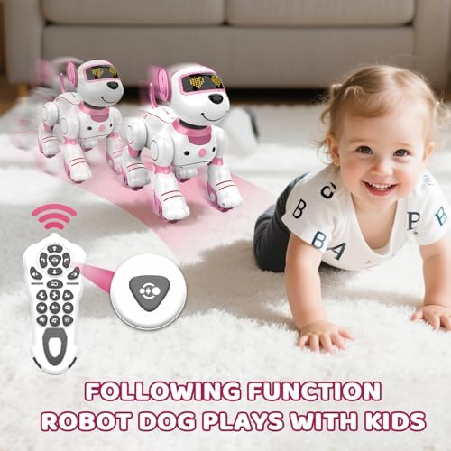 Child playing with programmable robot puppy toy