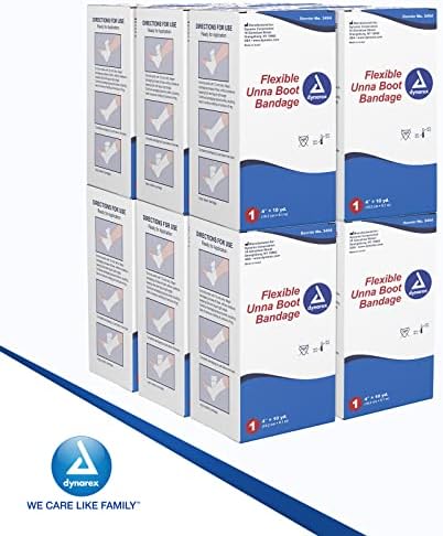 Side view of the four inch by ten yards Dynarex paste boot bandage packaging.