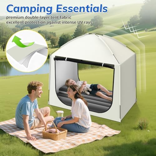 Abdtech kids blow up air mattress inflated inside the portable camping tent with zippered doors open
