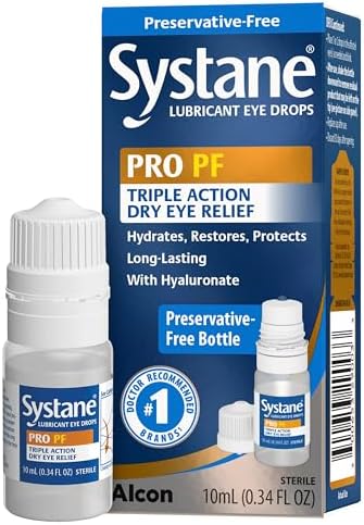 Systane Pro Preservative Free lubricant eye drops triple action formula packaging.