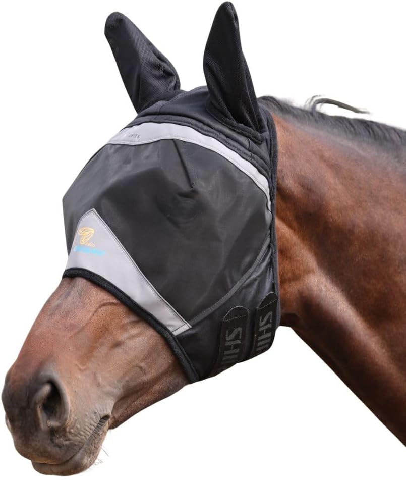 Shires FlyGuard Pro fine mesh fly mask with ears front view for horses