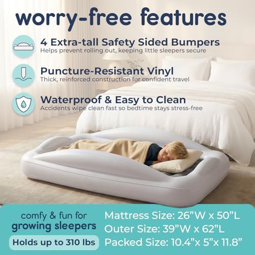 Hiccapop portable toddler bed inflated showing velvet flocked mattress
