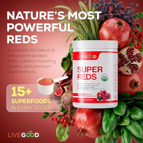LiveGood Organic Super Reds supplement label showing ingredients