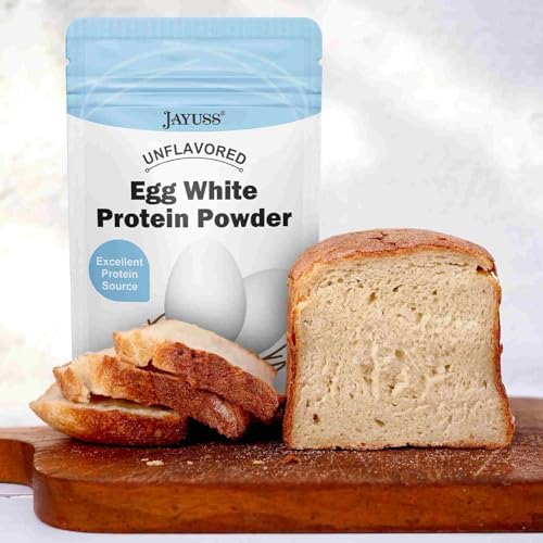 Jayuss dehydrated egg white powder next to fresh eggs to show replacement utility.
