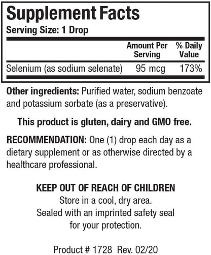 Side angle view of the Biotics Research liquid selenium dietary supplement packaging.