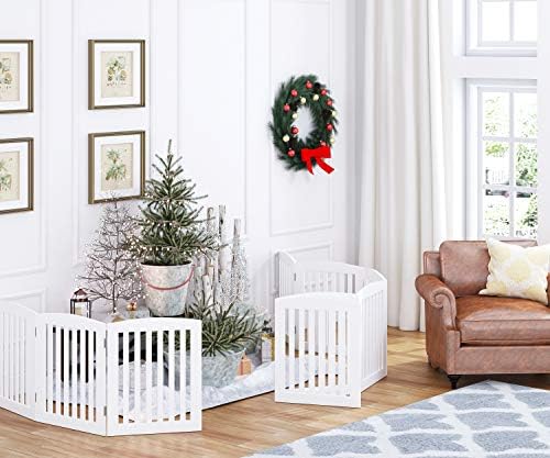 Angled view of PAWLAND solid wood four panel foldable puppy enclosure