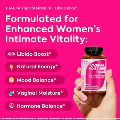 HerAurÃ© feminine vitality supplement bottle showing key ingredients like Ashwagandha and Maca.