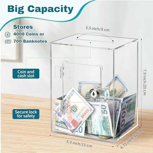 Side perspective of transparent reusable money saving container holding Indian currency coins and bills.