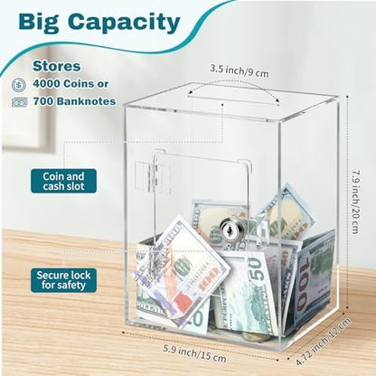 Side perspective of transparent reusable money saving container holding Indian currency coins and bills.