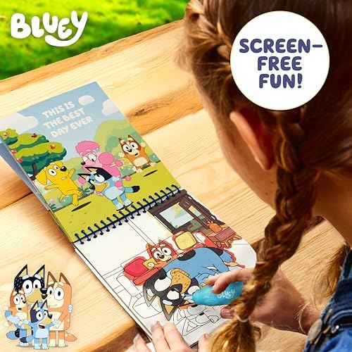 Mess free water coloring pad showing Bluey and Bingo characters being revealed with a wet brush.