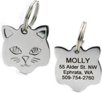 Polished stainless steel cat ID tag displayed on a white background